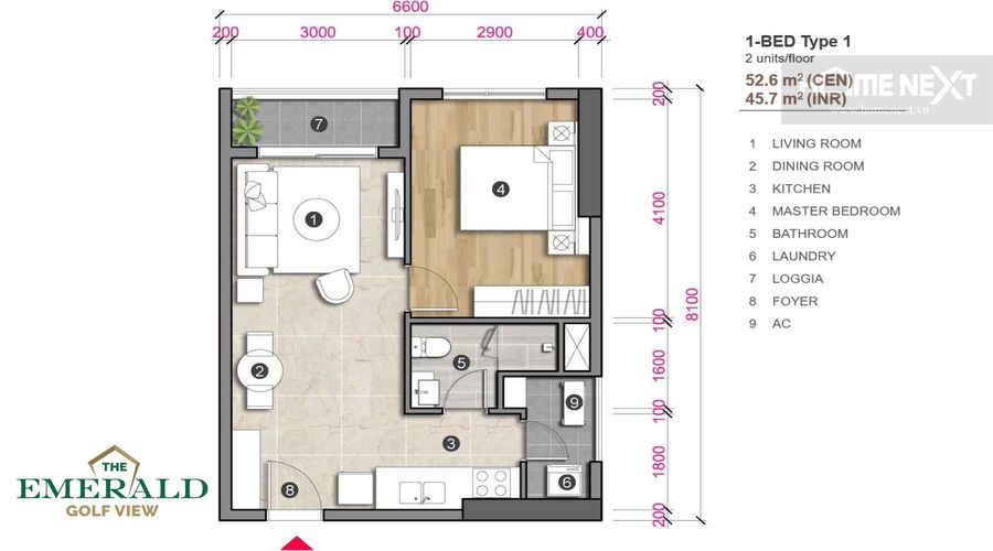 the layout of the emerald 1 bedroom