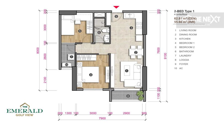 the layout of the emerald 2 bedroom