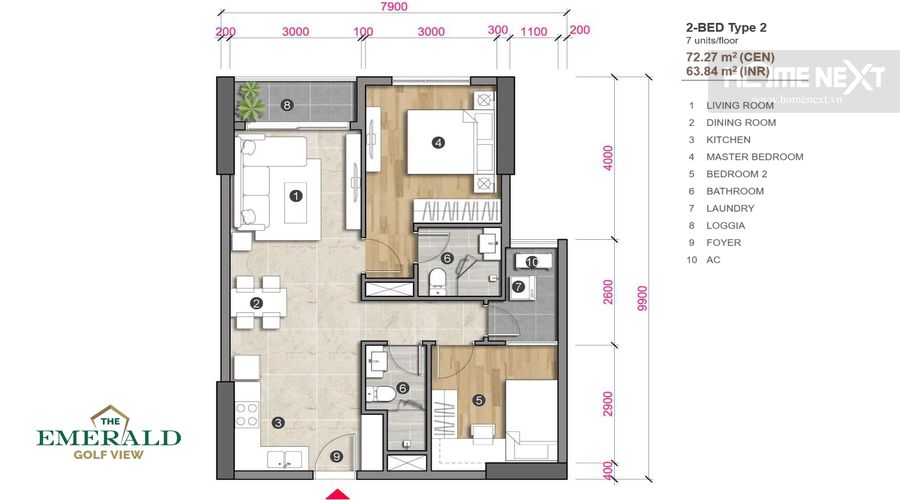 the layout of the emerald 2 bedroom Thuan An