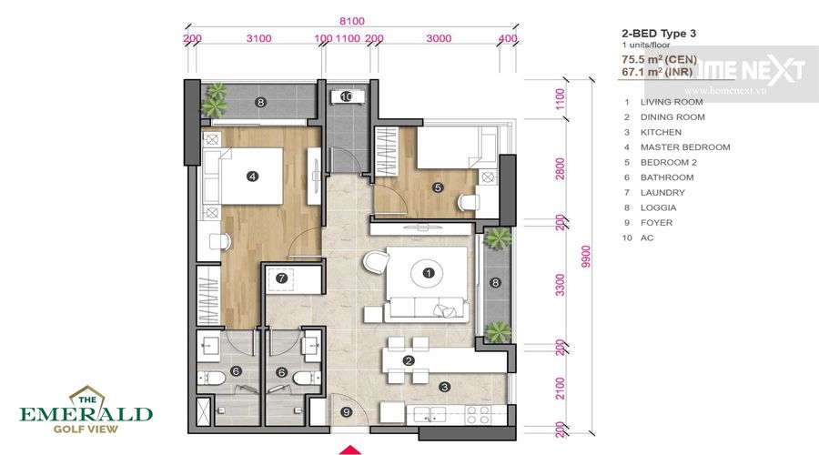 the layout of the emerald 2 bedroom Binh Duong