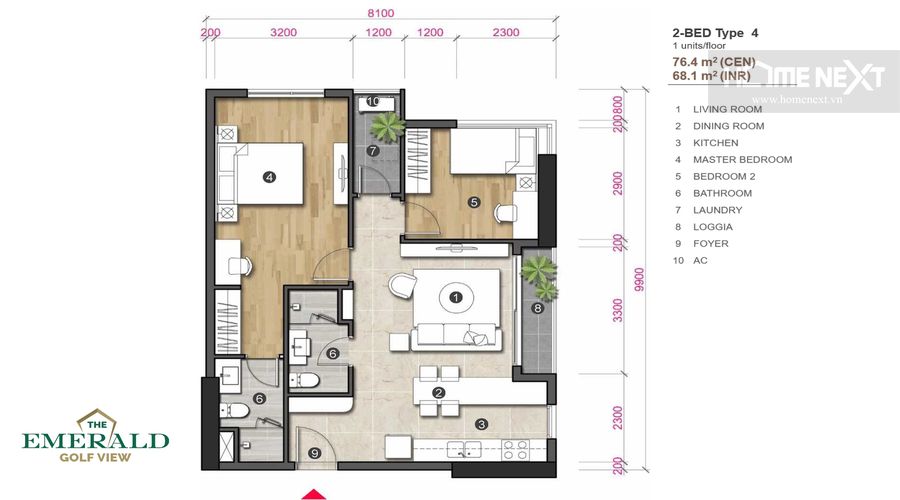 the layout of the emerald 2 bedroom Lai Thieu