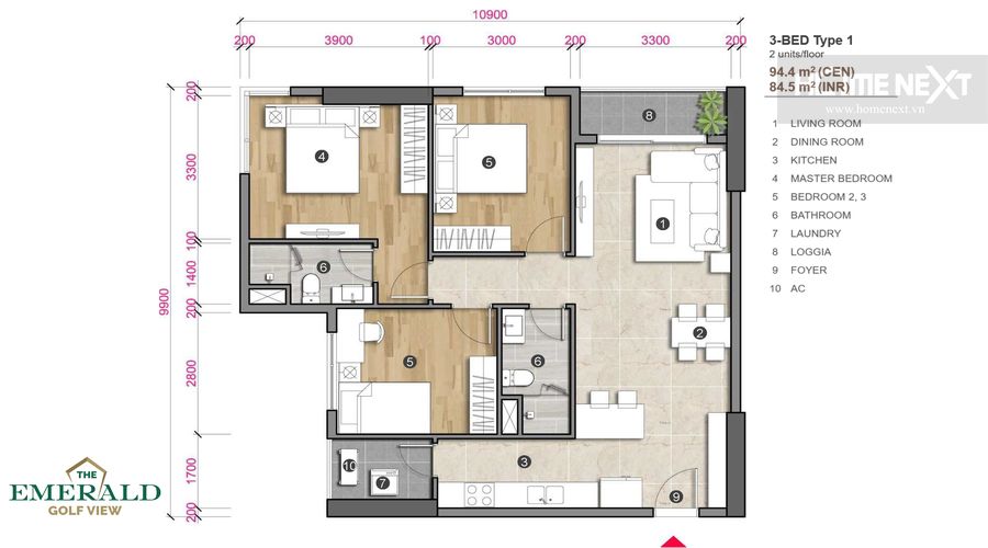 the layout of the emerald 3 bedroom binh duong