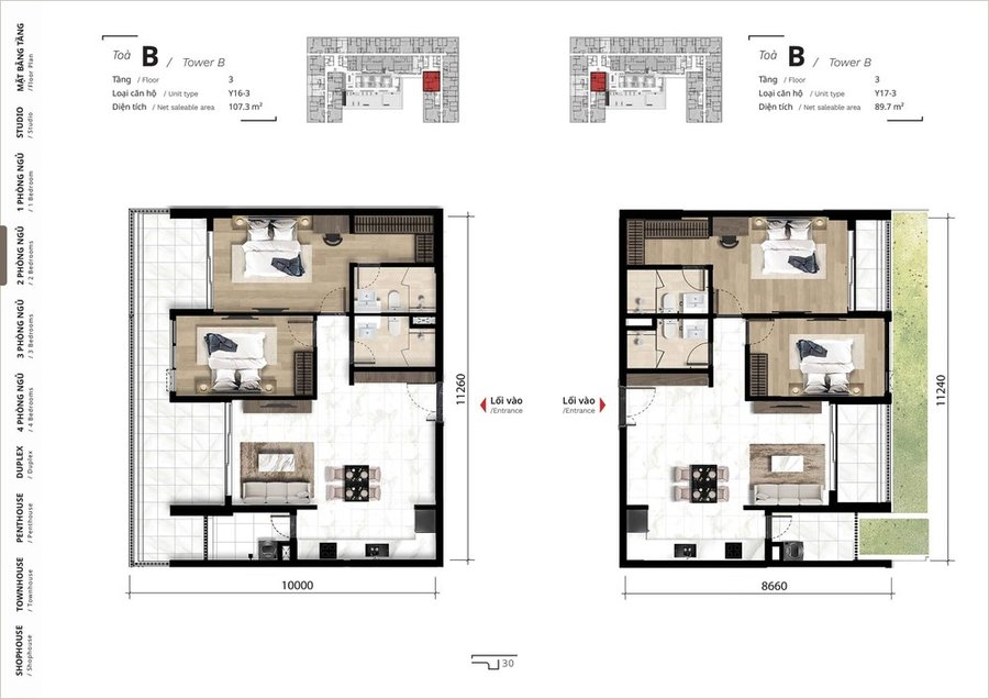 mặt bằng căn hộ 2 phòng ngủ dự án The Ten