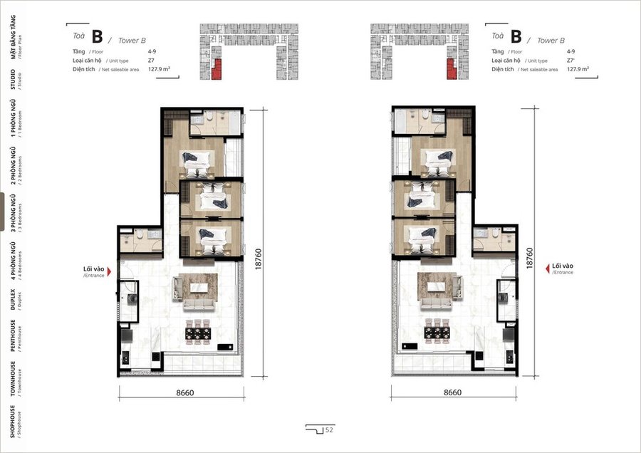 mặt bằng căn hộ 3 phòng ngủ dự án The Ten