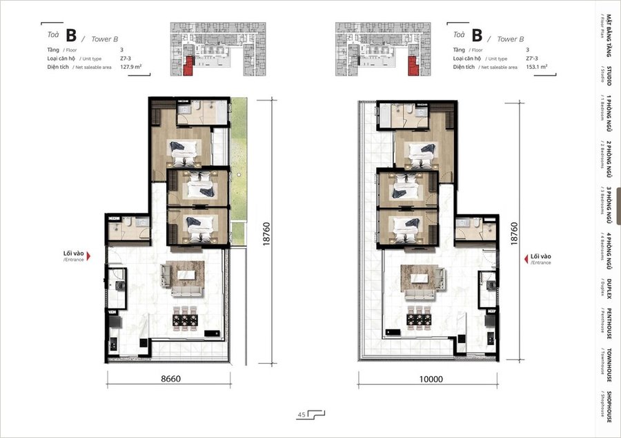 mặt bằng căn hộ 3 phòng ngủ dự án The Ten