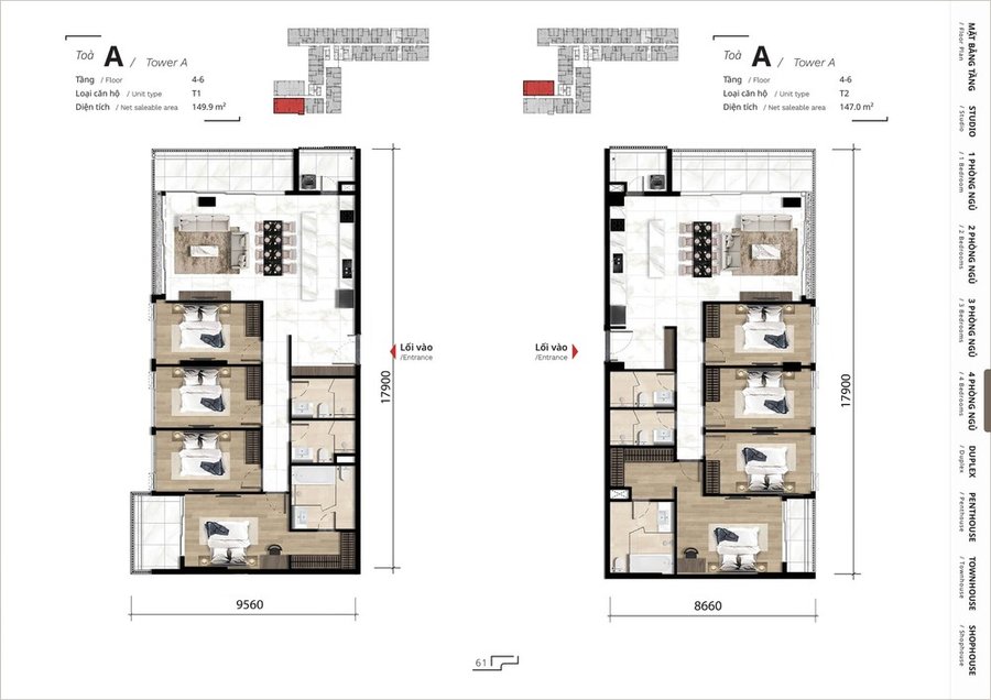 mặt bằng căn hộ 4 phòng ngủ dự án The Ten