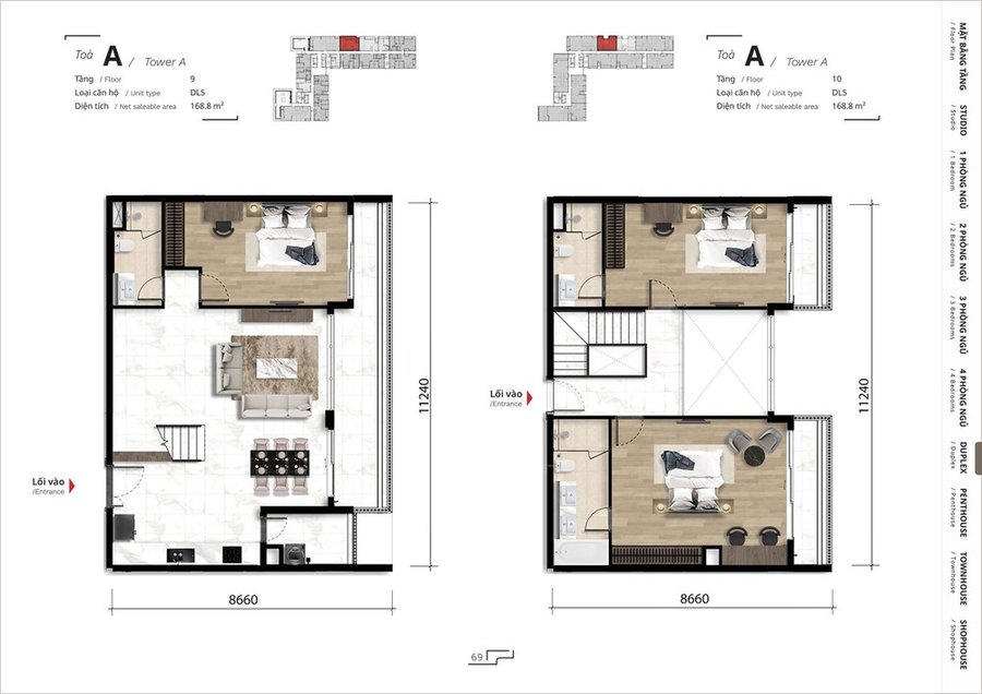 mặt bằng căn hộ duplex dự án The Ten